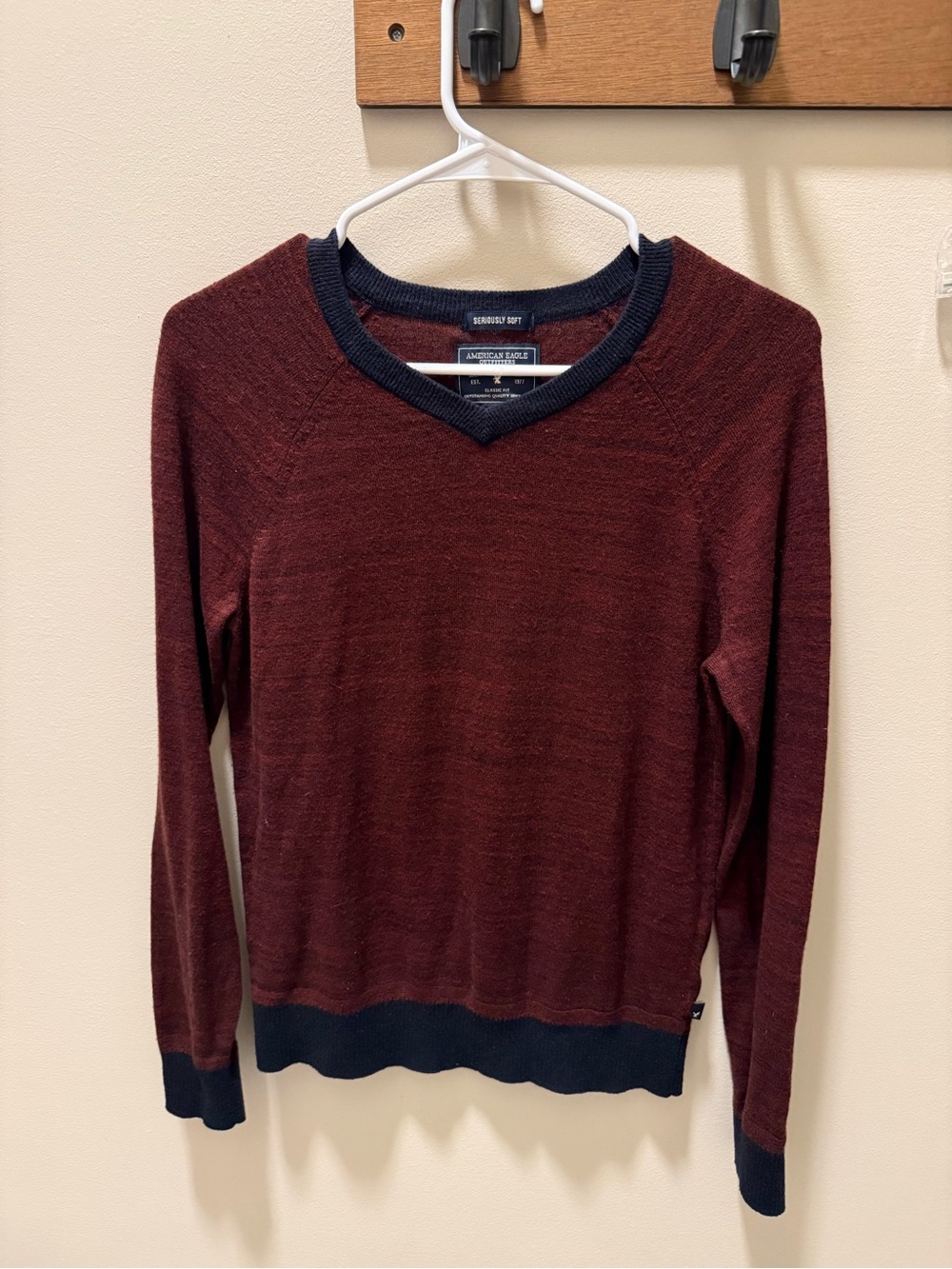 American Eagle Outfitters Maroon V-Neck Sweater with Navy Trim